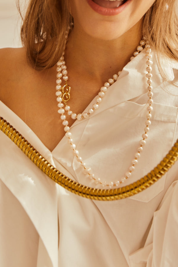 DOUBLE LAYERS-NATURAL PEARL LONG NECKLACE