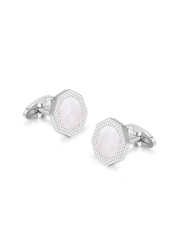 STAINLESS STEEL WHITE MOTHER OF PEARL OCTAGONAL SHAPE CUFFLINKS