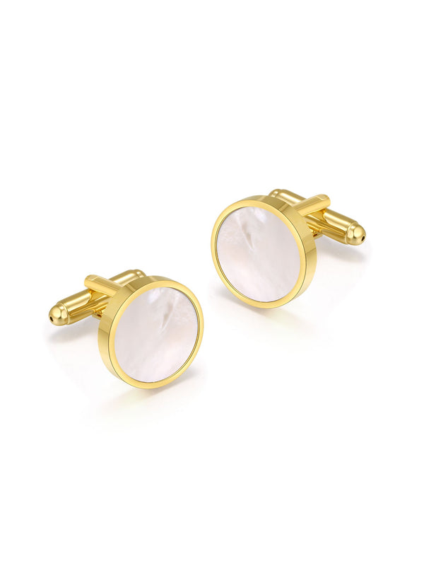 STAINLESS STEEL WHITE MOTHER OF PEARL ROUND CUFFLINKS