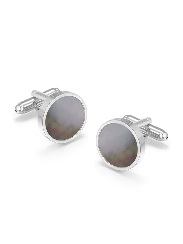 STAINLESS STEEL BLACK MOTHER OF PEARL ROUND CUFFLINKS