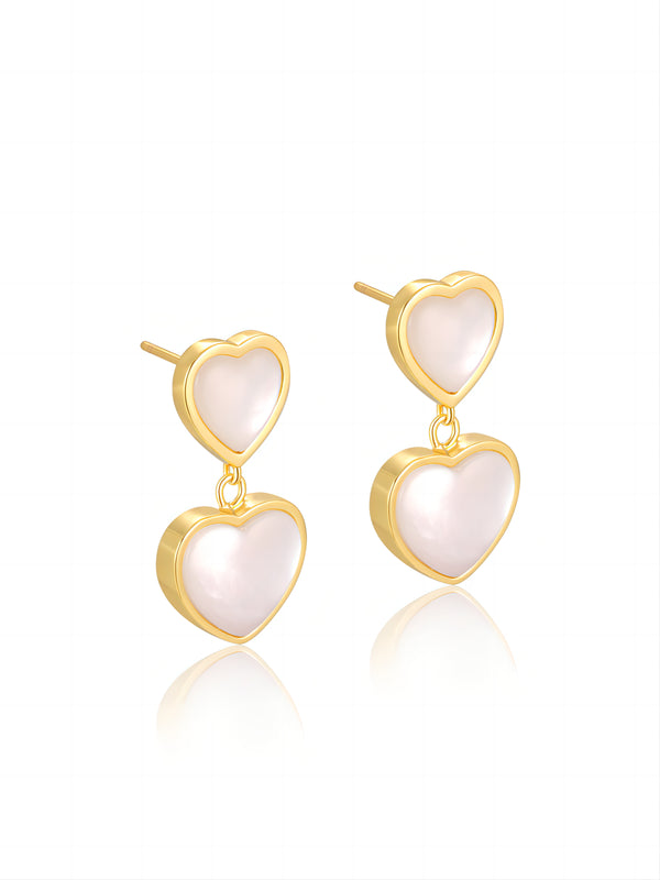 WHITE MOTHER OF PEARL DOUBLE HEART SHAPED EARRINGS